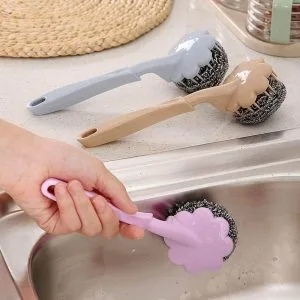 Long Handle Flower Steel Wire Ball Brush Dishwashing Pot Cleaning Tool Kitchen Cutlery Cleaner
